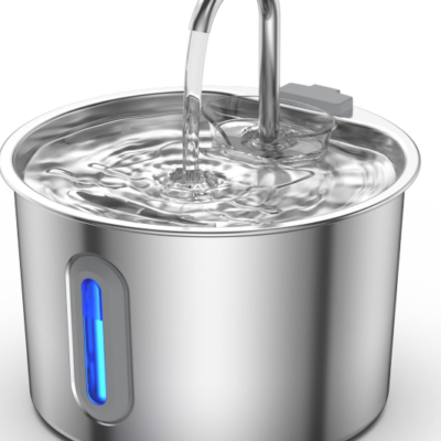 Fuente para Gatos Acero Inoxidable 2,2 L,  Nivel de Agua, Triple Filtración, 3 Filtros + 3 Esponjas, Fácil de Limpiar