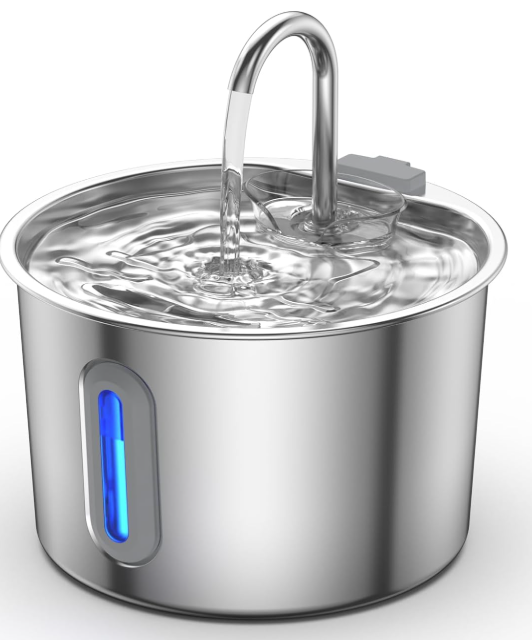 Fuente para Gatos Acero Inoxidable 2,2 L,  Nivel de Agua, Triple Filtración, 3 Filtros + 3 Esponjas, Fácil de Limpiar